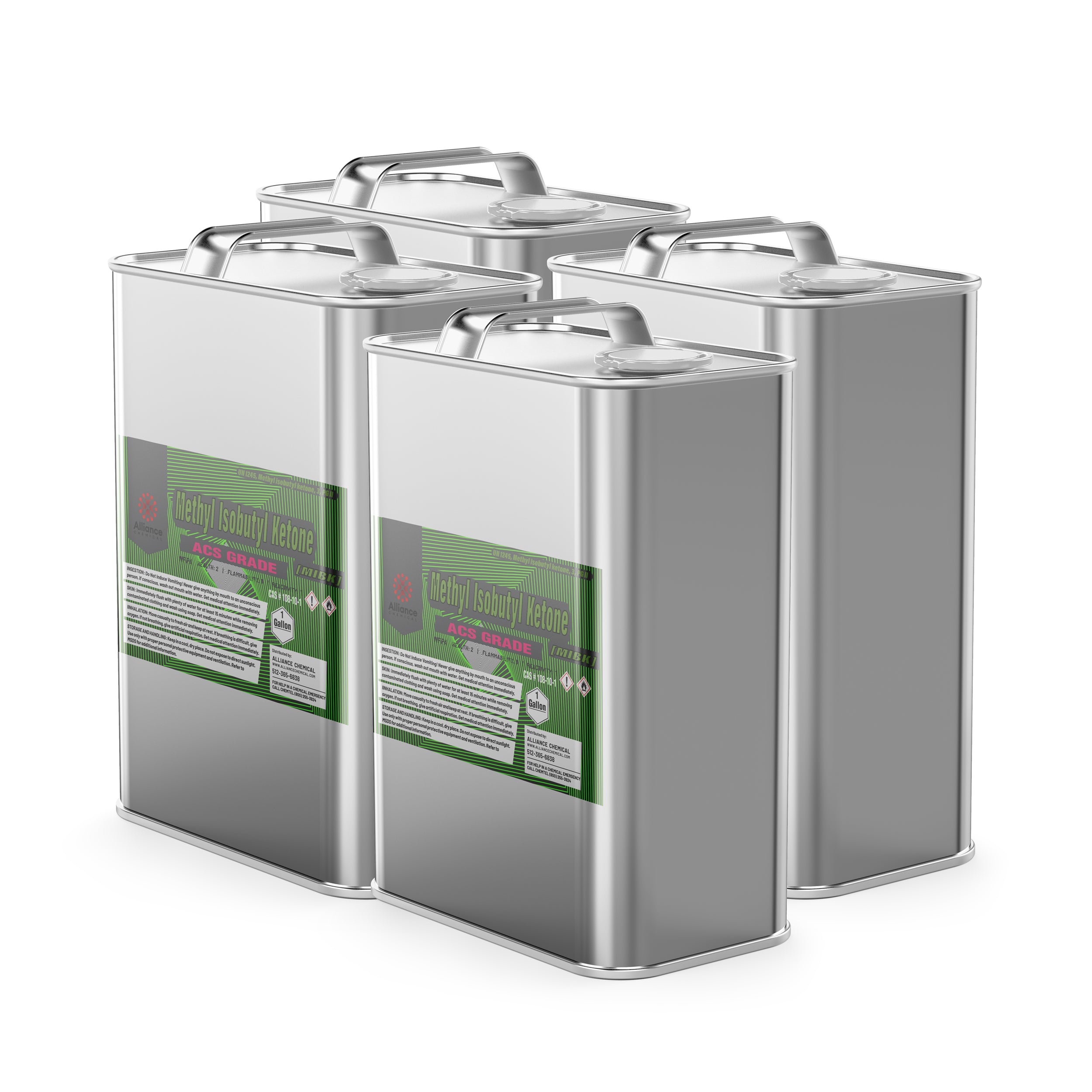 4x1-gallon steel containers of Methyl Isobutyl Ketone (MIBK) ACS grade with green industrial chemical labels and safety warnings, sealed handles.